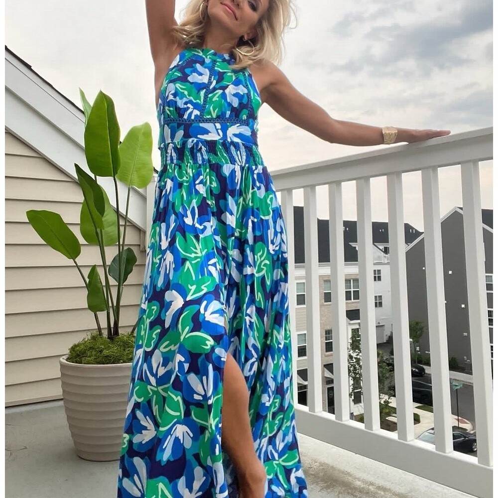 Abel the Label Blue Floral Maxi Dress Size Medium Halter Neck Open Back Tropical